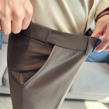 Pánske voľnočasové nohavice na jeseň/zimu s skrytým elastickým pásom, rovný strih, zips, materiál bez pokrčenia