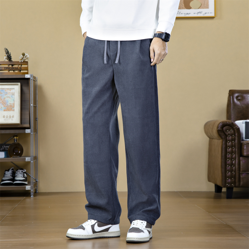 Muške hlače za poslovni casual stil, ravni kroj, srednji pojas, vezanje špagom, poliester