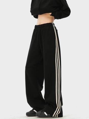 Ανδρικά παντελόνια σπορ με τρεις ρίγες, χαλαρή γραμμή, μακριά, βαμβάκι, κορδόνι στη ζώνη