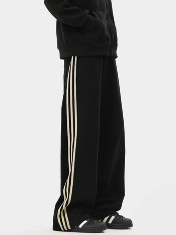 Ανδρικά παντελόνια σπορ με τρεις ρίγες, χαλαρή γραμμή, μακριά, βαμβάκι, κορδόνι στη ζώνη