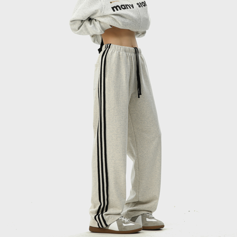 Ανδρικά παντελόνια σπορ με τρεις ρίγες, χαλαρή γραμμή, μακριά, βαμβάκι, κορδόνι στη ζώνη