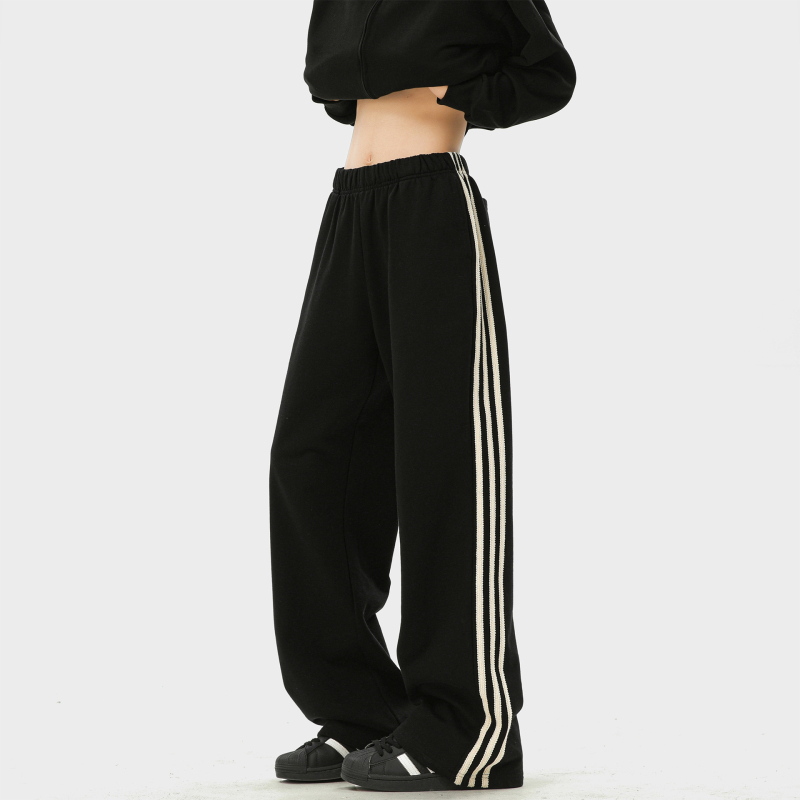 Ανδρικά παντελόνια σπορ με τρεις ρίγες, χαλαρή γραμμή, μακριά, βαμβάκι, κορδόνι στη ζώνη