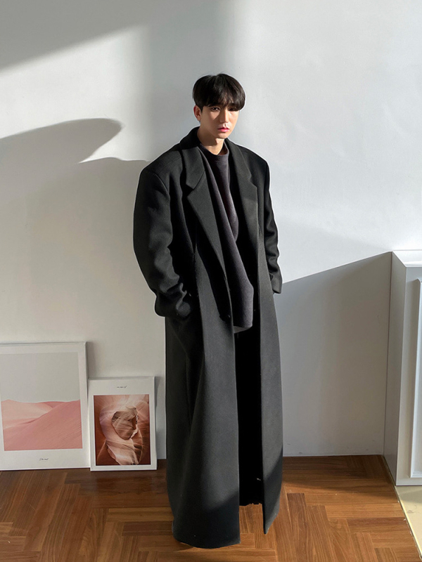 ASCLO pánsky kabát v kórejskom štýle, voľný strih, jednoradové zapínanie, sakové golier, jednofarebný vzor