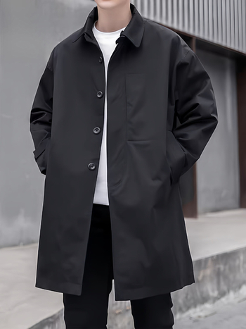 Pánsky kabát strednej dĺžky v mestskom štýle, ľahký, jeseň, stojací golier, zapínanie na jeden rad, úzky strih, modalová látka s králičou srsťou, podšívka z polyesteru