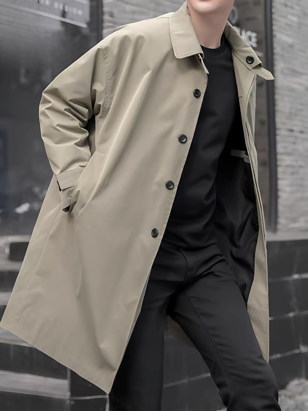 Pánsky kabát strednej dĺžky v mestskom štýle, ľahký, jeseň, stojací golier, zapínanie na jeden rad, úzky strih, modalová látka s králičou srsťou, podšívka z polyesteru