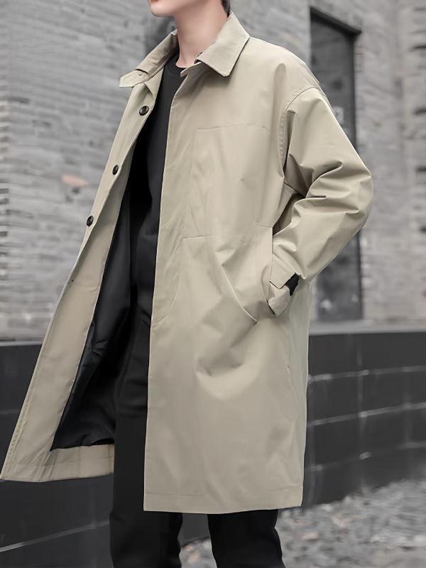 Pánsky kabát strednej dĺžky v mestskom štýle, ľahký, jeseň, stojací golier, zapínanie na jeden rad, úzky strih, modalová látka s králičou srsťou, podšívka z polyesteru