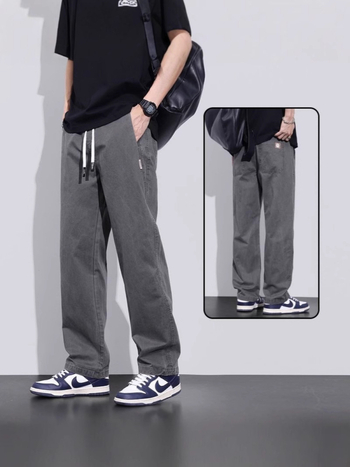 Pánske voľnočasové rovné nohavice, stredný pás, polyesterová tkanina, jar–jeseň