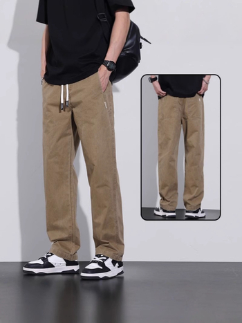 Pánske voľnočasové rovné nohavice, stredný pás, polyesterová tkanina, jar–jeseň