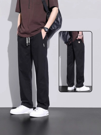 Pánske voľnočasové rovné nohavice, stredný pás, polyesterová tkanina, jar–jeseň