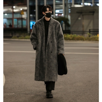 Pánsky vlnený dlhý kabát v kórejskom štýle, dĺžka nad kolená, jednoradové zapínanie, Turn-Down golier