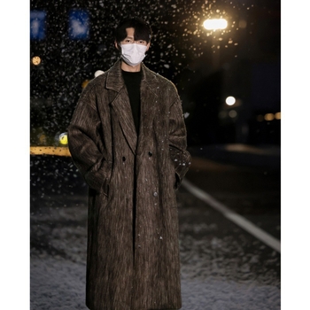 Pánsky vlnený dlhý kabát v kórejskom štýle, dĺžka nad kolená, jednoradové zapínanie, Turn-Down golier