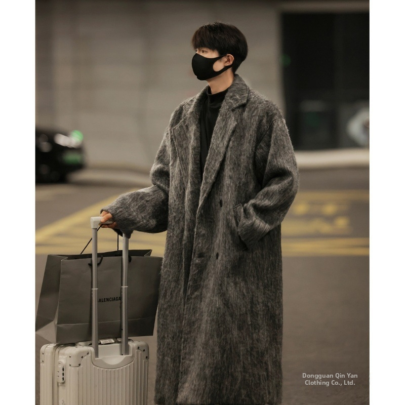 Pánsky vlnený dlhý kabát v kórejskom štýle, dĺžka nad kolená, jednoradové zapínanie, Turn-Down golier