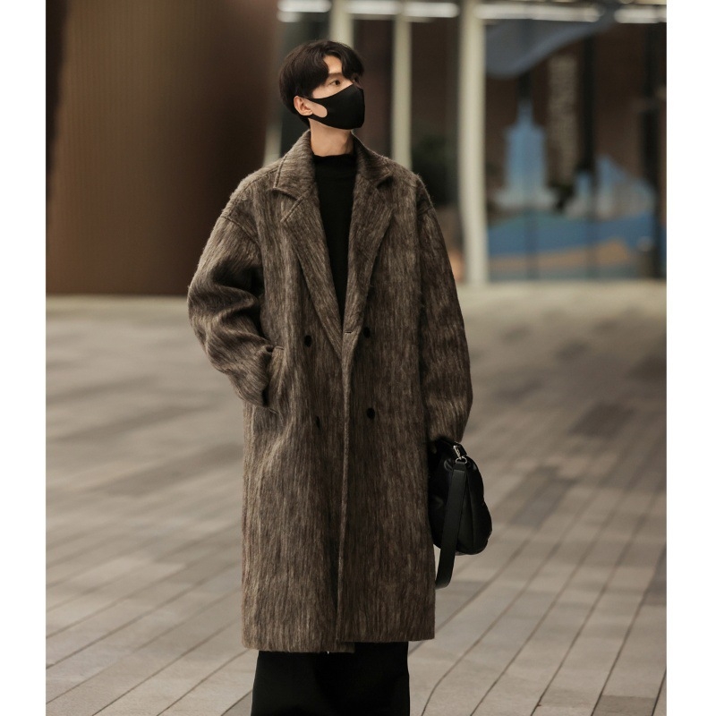 Pánsky vlnený dlhý kabát v kórejskom štýle, dĺžka nad kolená, jednoradové zapínanie, Turn-Down golier