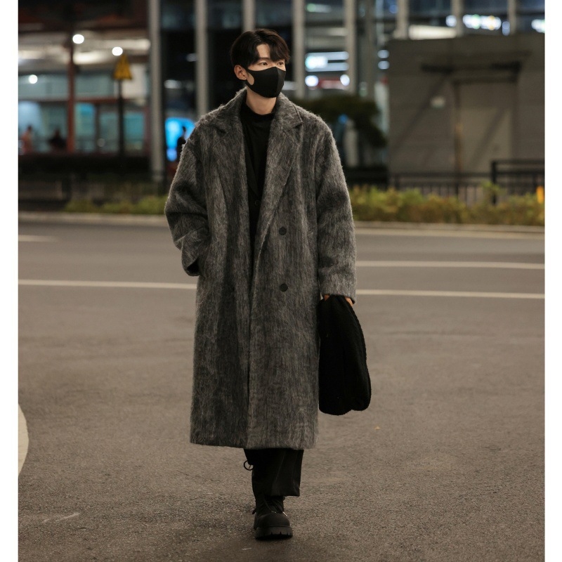 Pánsky vlnený dlhý kabát v kórejskom štýle, dĺžka nad kolená, jednoradové zapínanie, Turn-Down golier