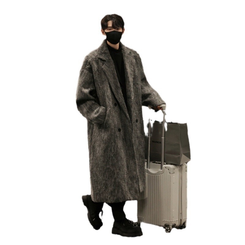 Pánsky vlnený dlhý kabát v kórejskom štýle, dĺžka nad kolená, jednoradové zapínanie, Turn-Down golier