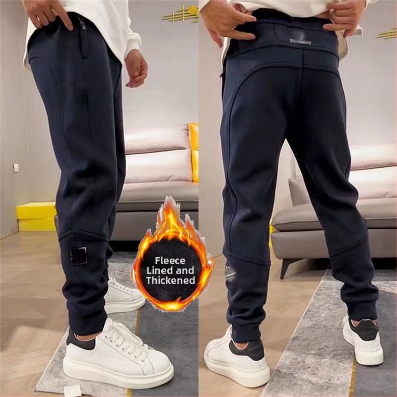 Pantaloni sport casual pentru bărbați din bumbac, căptușeală fleece, model labirint carouri, talie medie, închidere cu șnur, croială lejeră