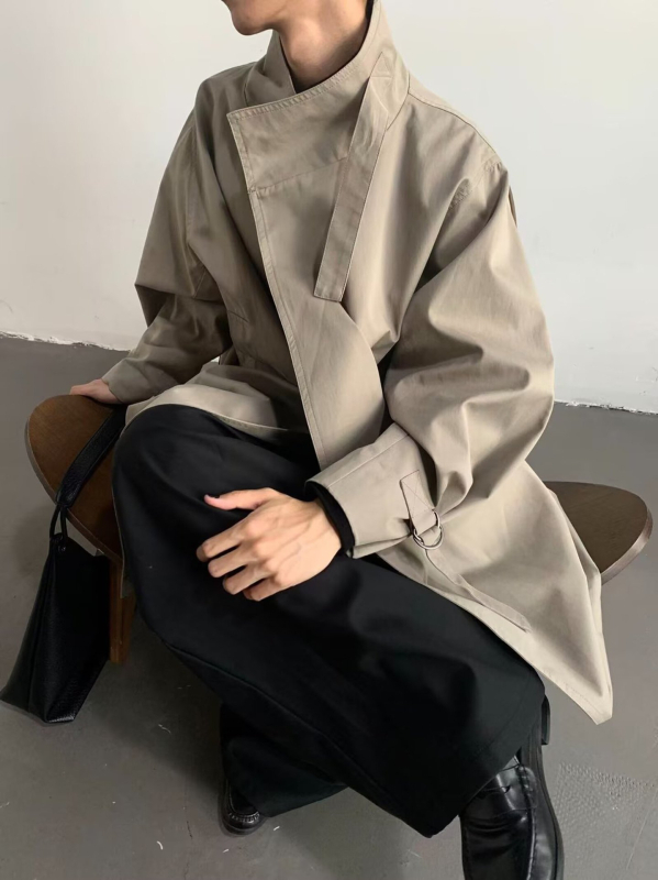 Dlhý windbreaker kabát pre mužov, britský štýl, stojatý golier, voľný strih, polyesterová zmes látky a podšívka