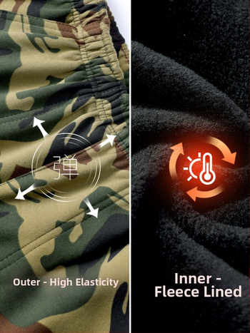 Kamuflované športovo voľnočasové nohavice s elastickým materiálom, stredný pás, šnúrkové zapínanie, rovný strih