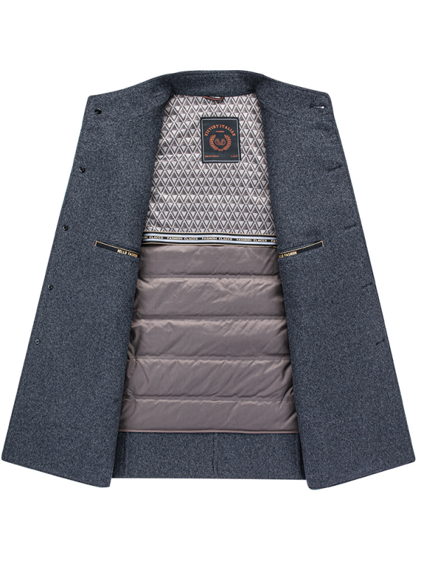 Kabát z vlny a nylonu, dvojstranný, úzky strih, hrubý, zapínanie na jeden rad gombíkov