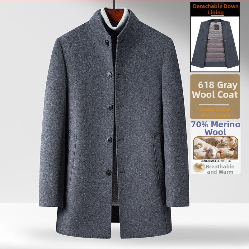 Kabát z vlny a nylonu, dvojstranný, úzky strih, hrubý, zapínanie na jeden rad gombíkov