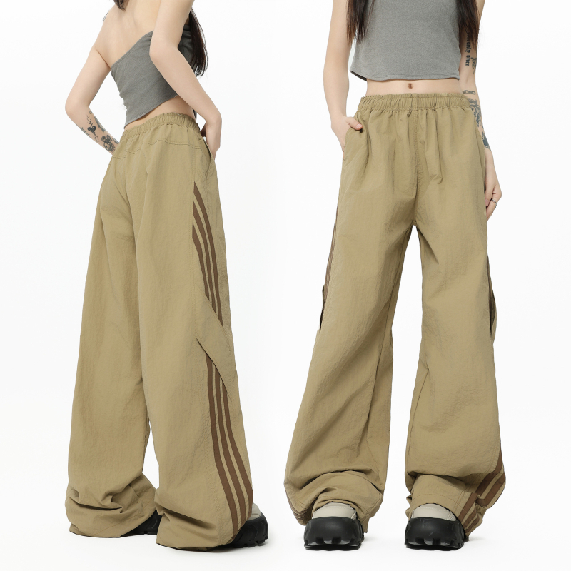 OREETA Pantaloni casual în dungi, stil parașutist, croială dreaptă, talie medie, închidere cu șnur