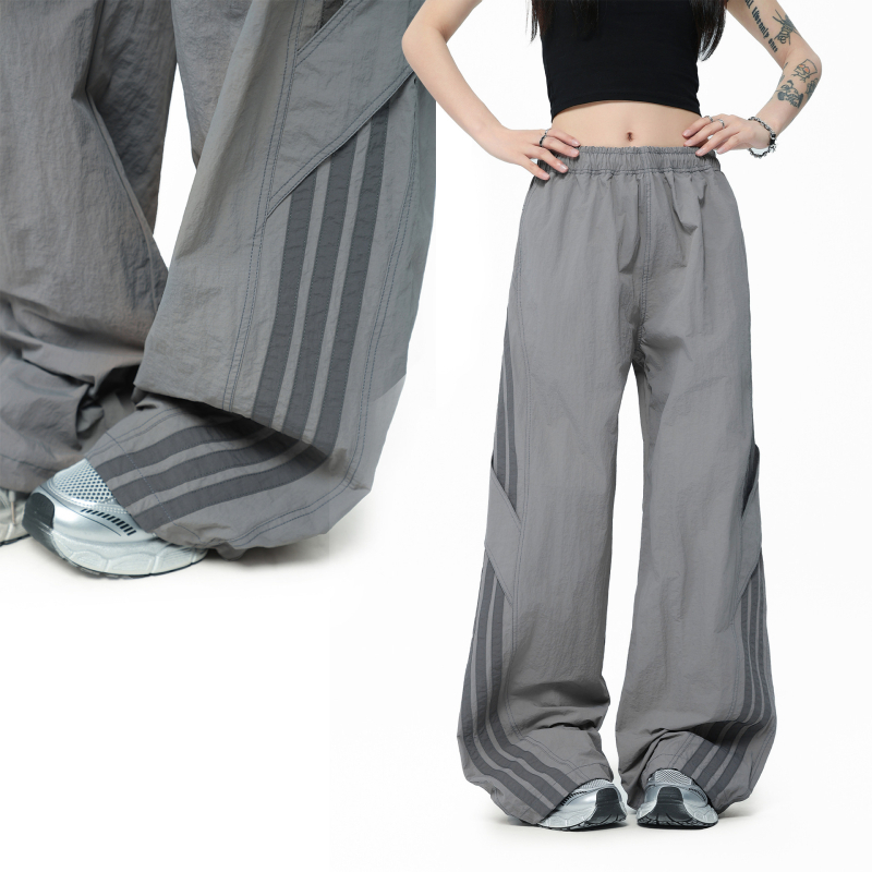 OREETA Pantaloni casual în dungi, stil parașutist, croială dreaptă, talie medie, închidere cu șnur