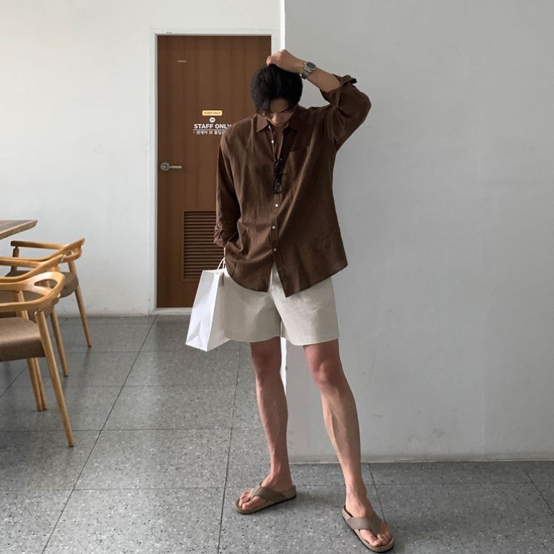 Muške šorceve od lana i pamuka, slobodan kroj, korejski stil, ljeto, srednji pojas, mješavina 55/45