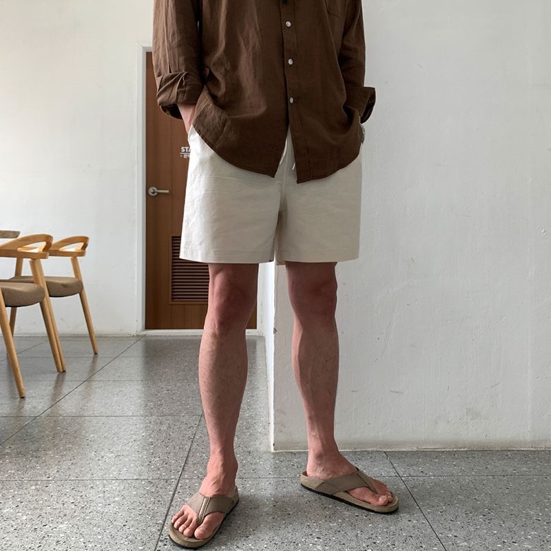 Muške šorceve od lana i pamuka, slobodan kroj, korejski stil, ljeto, srednji pojas, mješavina 55/45