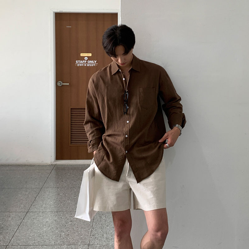 Muške šorceve od lana i pamuka, slobodan kroj, korejski stil, ljeto, srednji pojas, mješavina 55/45