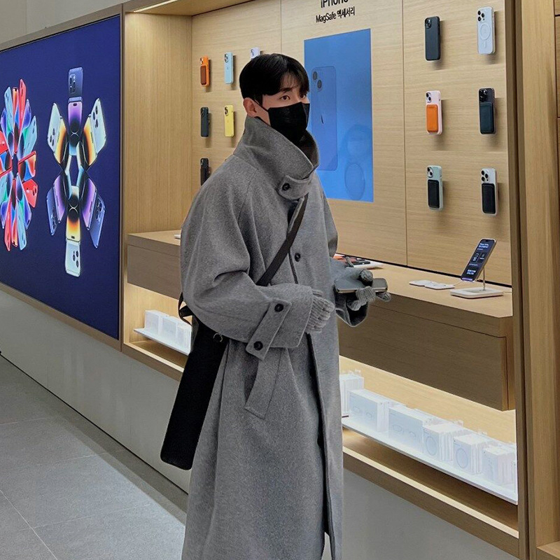 ASCLO pánske vlnené kabát, verzia Korejská, stredná dĺžka, hrubý materiál, zapínanie na jedno tlačidlo, vlnený vonkajší materiál, podšívka polyester