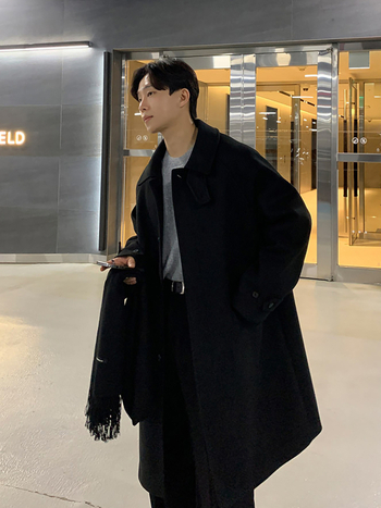 ASCLO kabát, kórejský štýl, voľný strih, vlnená látka (100% polyester), golier Turn-Down