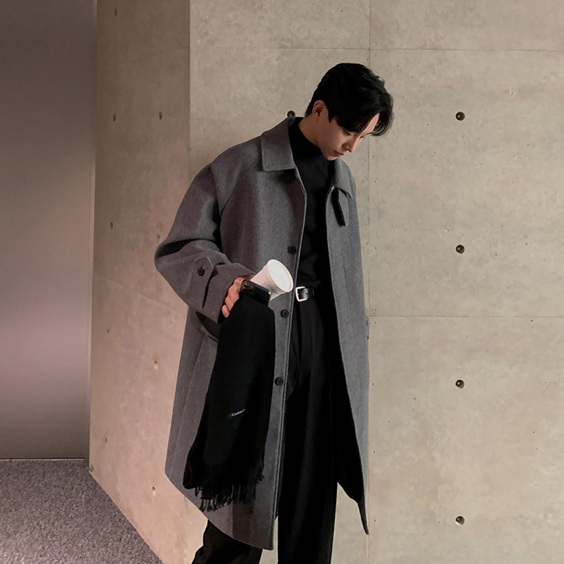 ASCLO kabát, kórejský štýl, voľný strih, vlnená látka (100% polyester), golier Turn-Down