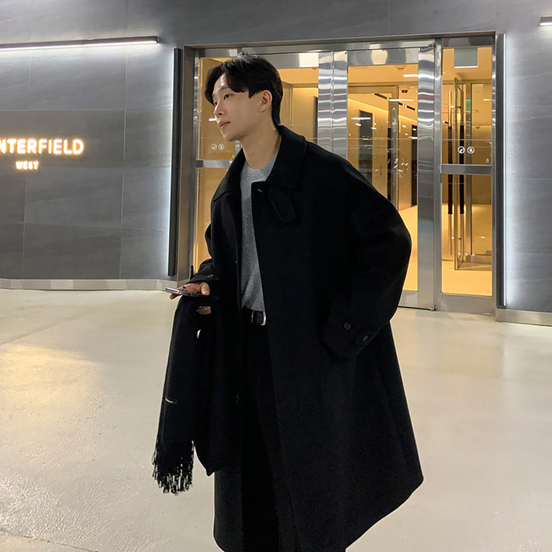 ASCLO kabát, kórejský štýl, voľný strih, vlnená látka (100% polyester), golier Turn-Down