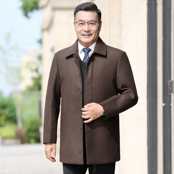 Pánsky vlnený kabát, mestský štýl, stredná dĺžka, úzky strih, jednoradové zapínanie, rever, hlavná tkanina 51–70% polyester