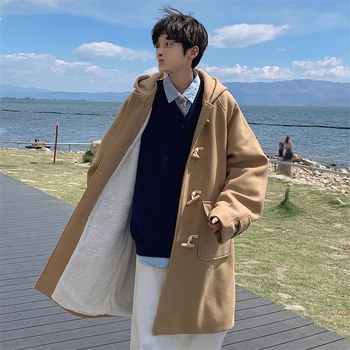 Kabát s kapucňou z corduroy, voľný strih, hrubý materiál, kórejský štýl