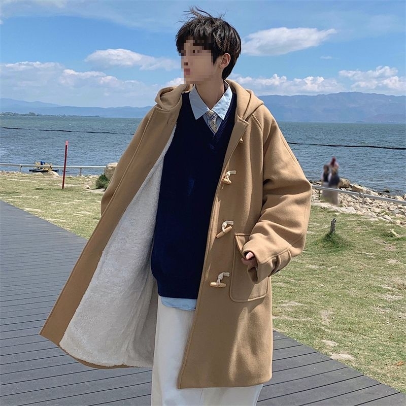 Kabát s kapucňou z corduroy, voľný strih, hrubý materiál, kórejský štýl