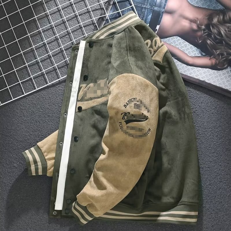 Muška suede baseball jakna s izvezenim dizajnom – lagana, retro američki stil, opušten kroj