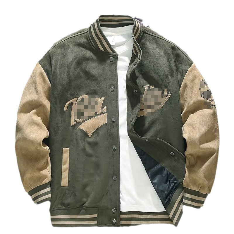 Muška suede baseball jakna s izvezenim dizajnom – lagana, retro američki stil, opušten kroj
