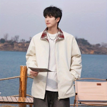 Jakna s patchwork kariranim uzorkom, stojeći ovratnik, zatvarač, džepovi sa zatvaračem, poliester tkanina