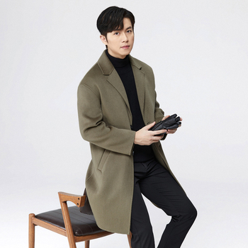 Pánsky kabát v kórejskom štýle, voľný strih, jednoprsné zapínanie, bez opasku, 100% vlna