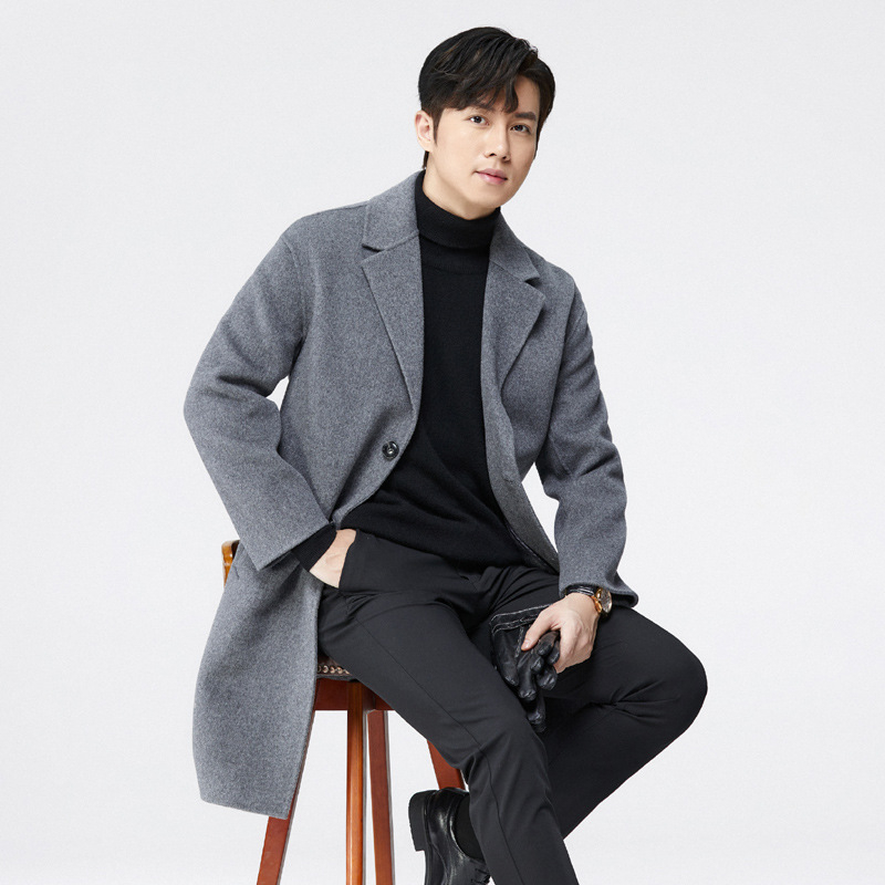 Pánsky kabát v kórejskom štýle, voľný strih, jednoprsné zapínanie, bez opasku, 100% vlna