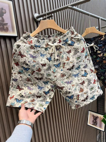 Muške šorceve za plažu s motivom leptira, široko ravni kroj, urbani stil (100% poliester, mikroelastičnost, kratke hlače, ljeto)