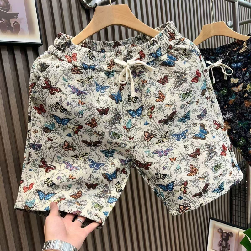 Muške šorceve za plažu s motivom leptira, široko ravni kroj, urbani stil (100% poliester, mikroelastičnost, kratke hlače, ljeto)