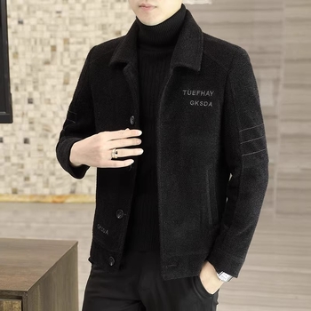 Ανδρικό κοντό παλτό από μαλλί-μίγμα, χοντρό ύφασμα για φθινοπωρινό–χειμερινό εξωτερικό, μονόμπροστο κλείσιμο, 3D τσέπες πατς