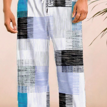 Muške ljetne hlače ravnog kroja s vezicom u struku, 3D ispis mrežastog geometrijskog uzorka