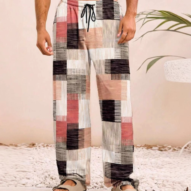 Muške ljetne hlače ravnog kroja s vezicom u struku, 3D ispis mrežastog geometrijskog uzorka