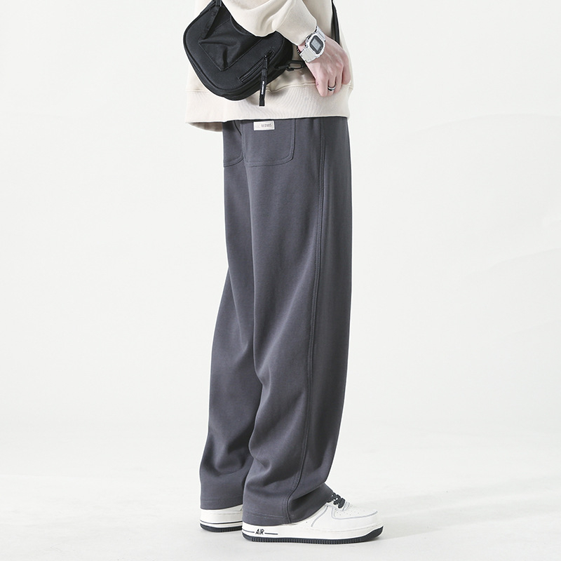 Pantaloni casual pentru bărbați, drepti, din amestec de bumbac, talie medie, închidere cu șnur, primăvară-toamnă, uni, fără călcare