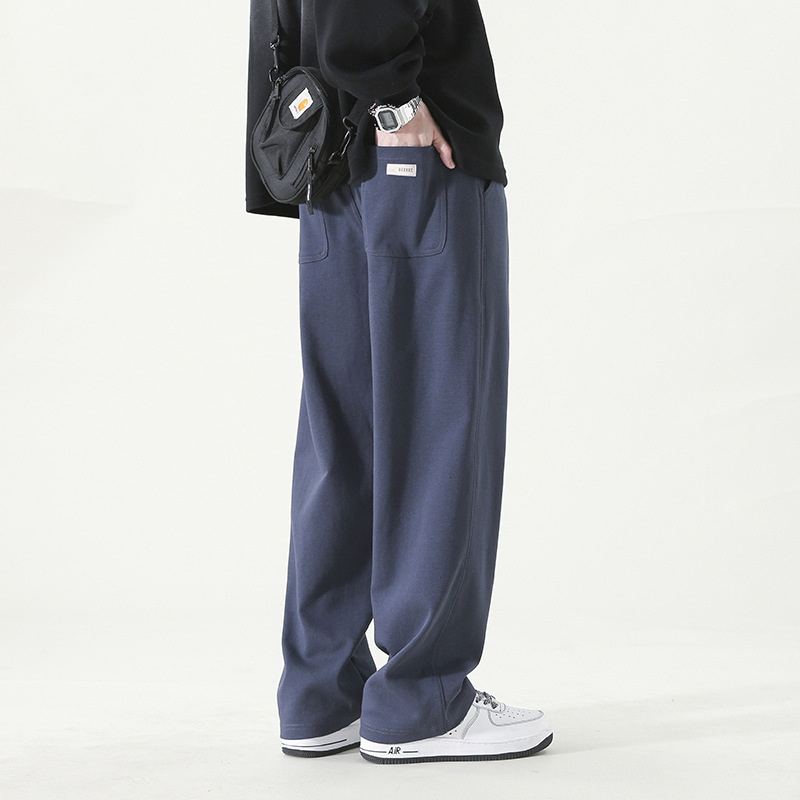 Pantaloni casual pentru bărbați, drepti, din amestec de bumbac, talie medie, închidere cu șnur, primăvară-toamnă, uni, fără călcare
