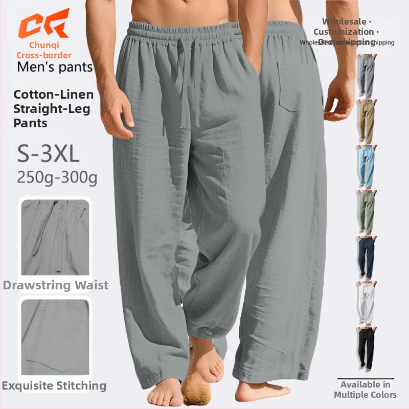 Mužské ľanové rovné voľnočasové nohavice s viazaním na šnúrku, stredný pás, 95% ľan, 5% polyester