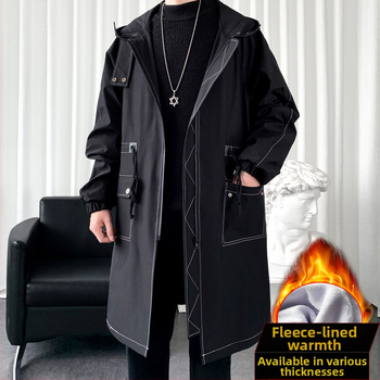 Parka s kapucňou v korejskom štýle, fleece podšívkou, opasok v páse a zipsovým uzáverom, stredná dĺžka